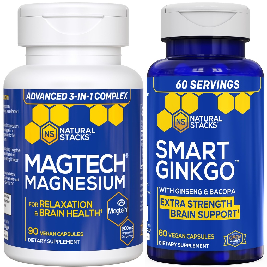 NATURAL STACKS Magtech Magnesium + Ginkgo Biloba Supplement Bundle - Supports Brain Health & Relaxation* - 150 Total Capsules