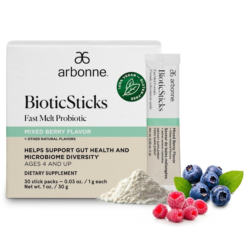 Arbonne BioticSticks Fast Melt Probiotic for Gut Health – Probiotics for Women, Men, and Kids – Gut Health Supplement – Vegan, Gluten-Free, Non-GMO – Mixed Berry Flavor – 30 Stick Packs