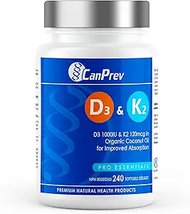 CanPrev D3 & K2 Vitaminen 240 Softgels, 240-Day Supply, 1000IU Vitamine D3 & 120mcg K2, ondersteunt sterke botten, tanden en hart wellness, gemakkelijk te absorberen met biologische kokosolie, geen GGO, gluten, soja, zuivel