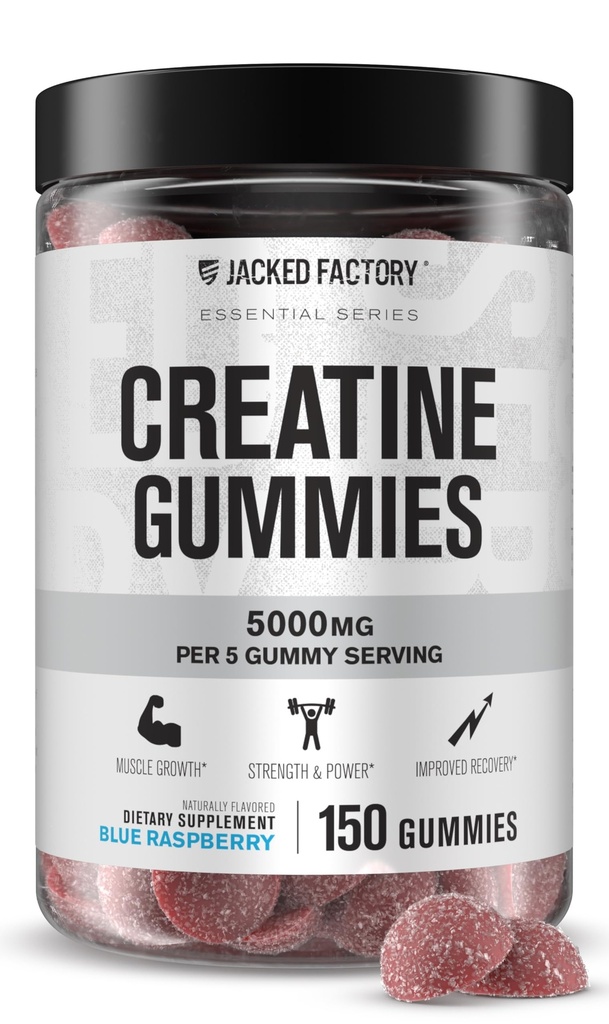 Jacked Factory Creatine Gummies 5g Daily Dose (1g per Gummy) - Creatine Gummy for Men and Women, Vegan-Friendly, Travel-Friendly, Third-Party Tested - 150 Gummies, Blue Raspberry