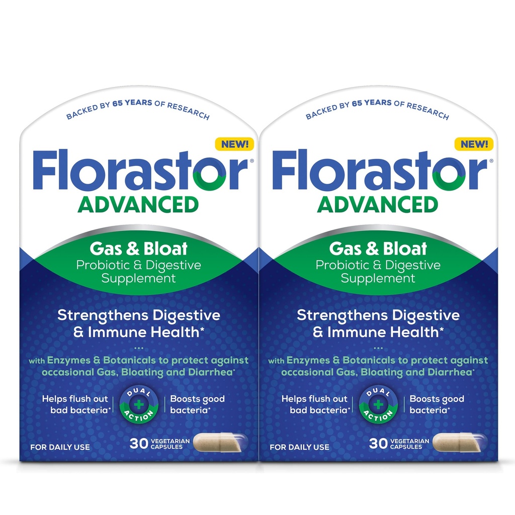 Florastor Advanced Gas and Bloat Probiotic, Digestive Enzymes and Botanicals, Plus Probiotics for Digestive Health, 30 Capsules (Pack of 2)