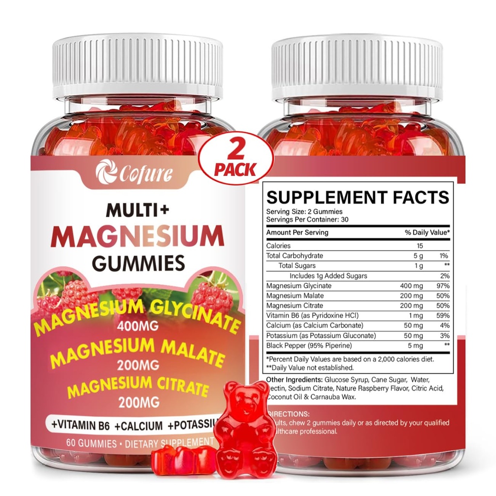 Triple Magnesium Complex Gummies for Adults, Magnesium Glycinate, Citrate, Malate with Potassium, Calcium, Vitamin B6 for Calm, Sleep & Muscle - Vegan, Raspberry, 120 Count