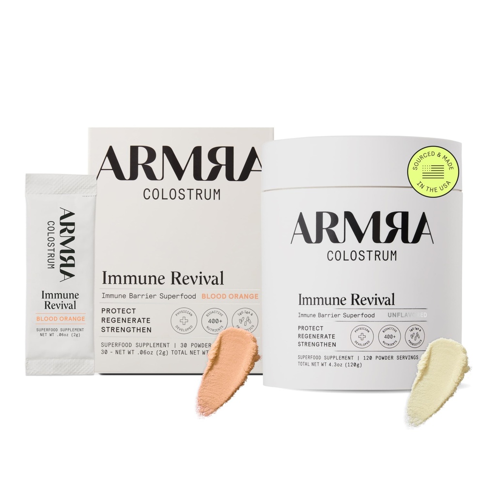 ARMRA Colostrum™ Premium Powder, Grass Fed, Gut Health Bloating Immunity Skin & Hair, Contains 400+ Bioactive Nutrients, Keto, Gluten & Fat Free (Blood Orange, Unflavored Bundle | 150 Servings)
