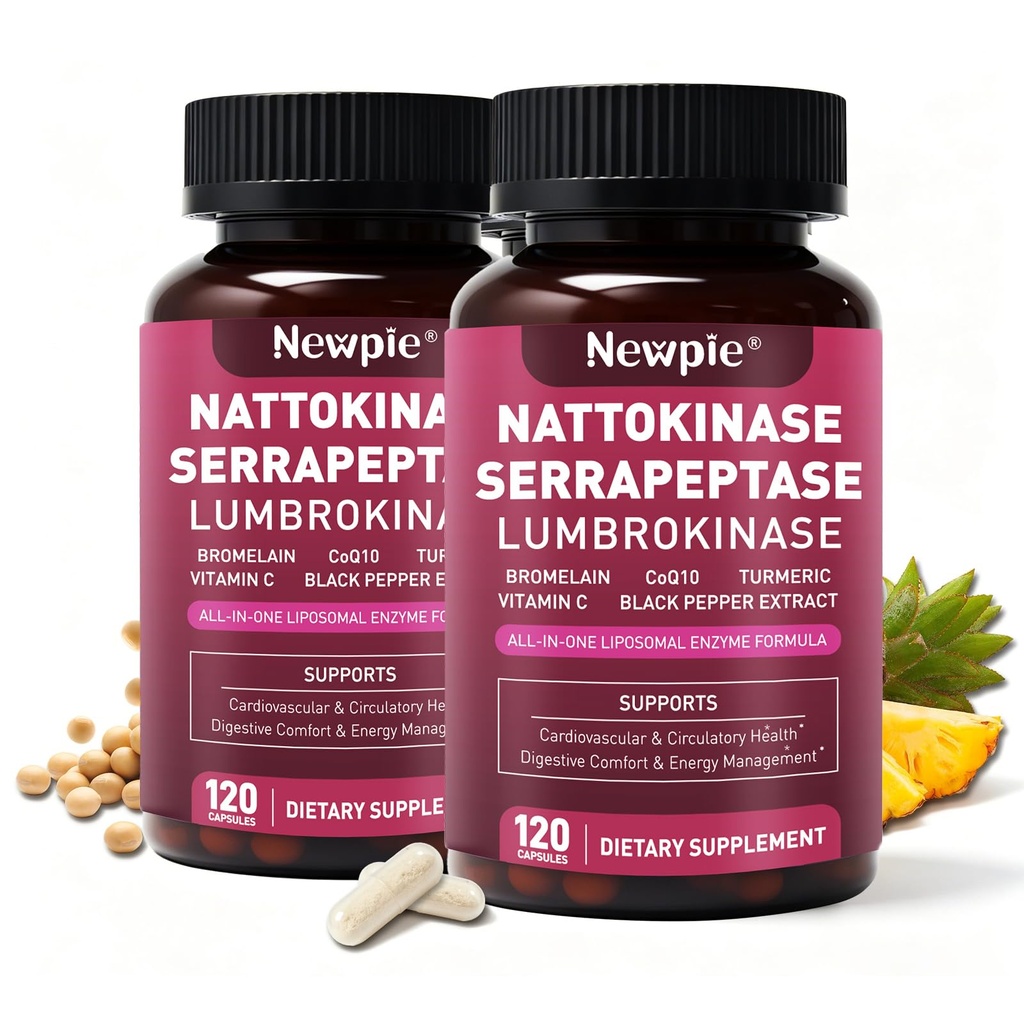 Nattokinase Supplement 12,000 FU - Systemic Enzymes Complex with Serrapeptase Lumbrokinase & CoQ10 - Supports Cardiovascular Health, Blood Flow & Circulation - 120 Non-GMO Vegetarian Capsules,1 Bottle