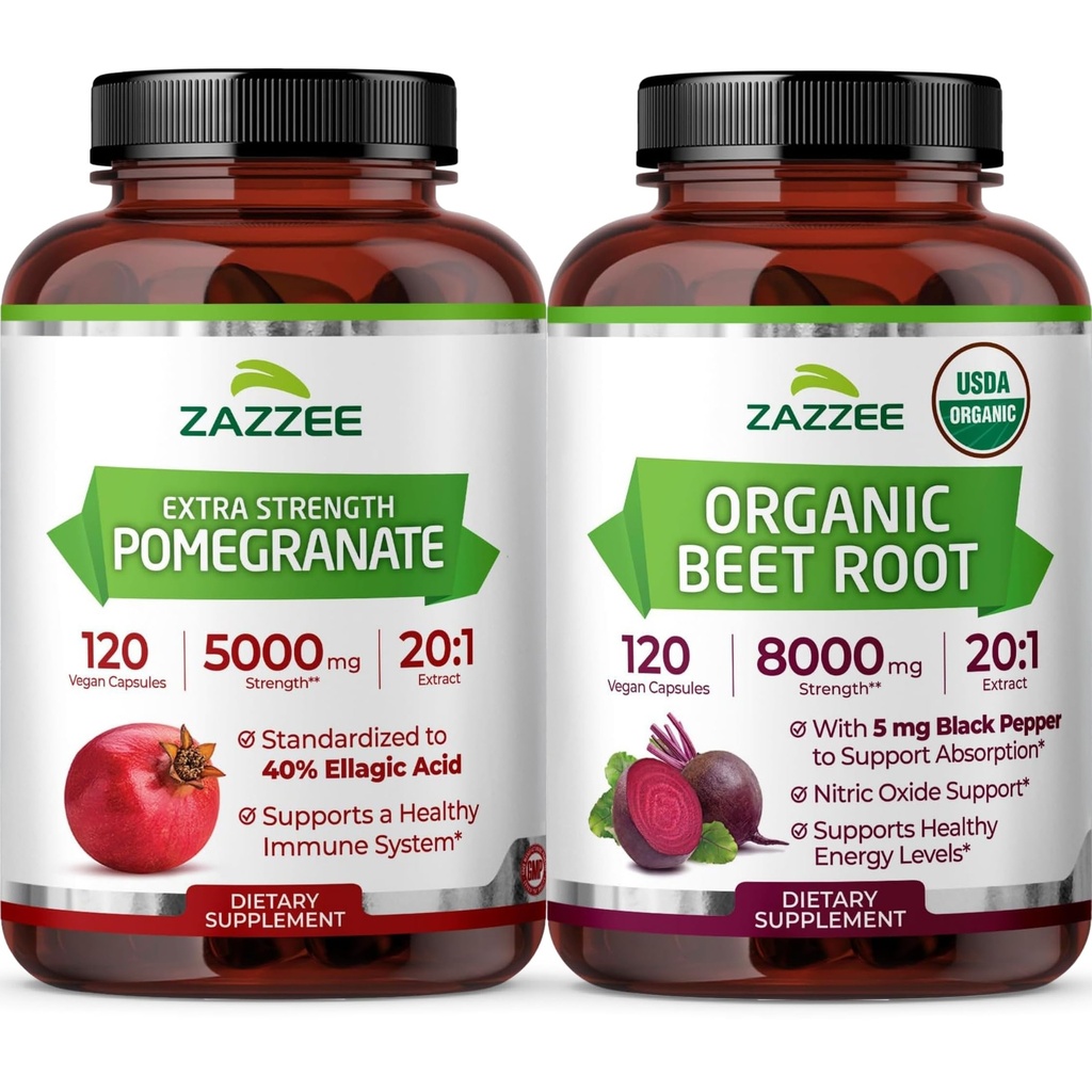 Anti Aging Healthy Heart Support Bundle | Antioxidant Rich USDA Organic Beet Root Extract with Super Concentrated Pomegranate Extract Capsules | Non-GMO Vegan & ISO Lab Tested (120 Servings Each)