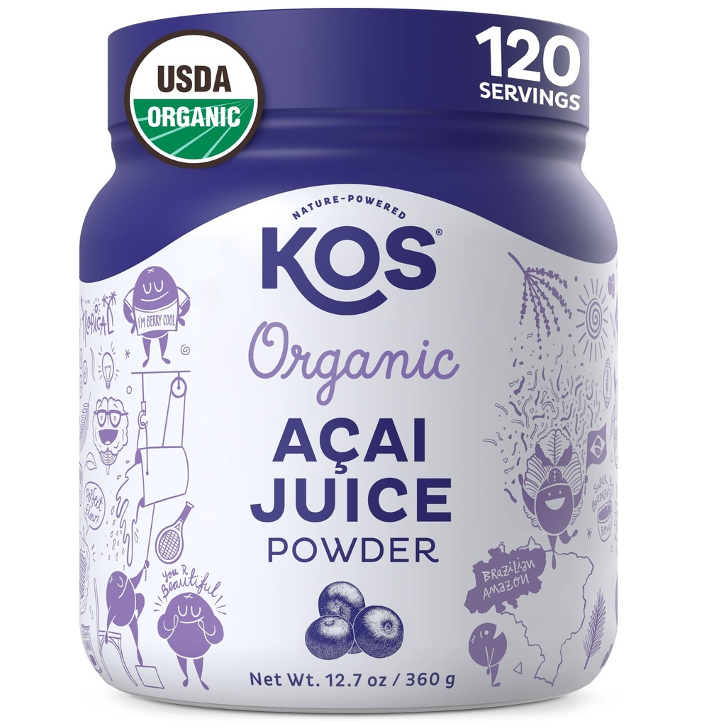 KOS Biologische Acai Juice Powder - USDA Gecertificeerd Biologische, Plant Based Superfood Antioxidanten, Superberry uit Brazilië, Geweldig voor Smoothies en Bowls, 0g Suiker, Veganist, Glutenvrije, Non-GMO - 120 Servers