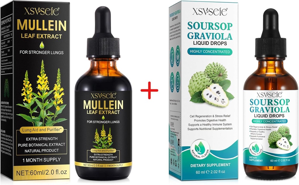 Mullein Drops for Lungs Cleans and Soursop Bitters Liquid,Mullein Leaf Extract Tincture with Chlorophyll,Soursop Multivitamin Drops,Natural Herbal Supplement for Men and Women