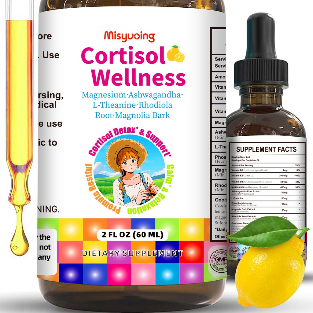 Cortisol Supplement Drops, 18-in-1 Cortisol Detox w. Magnesium Glycinate&Ashwagandha, L-Theanine, Phosphatidylserine, Hormone Balanced for Women, Mood Focus, Promote Seep