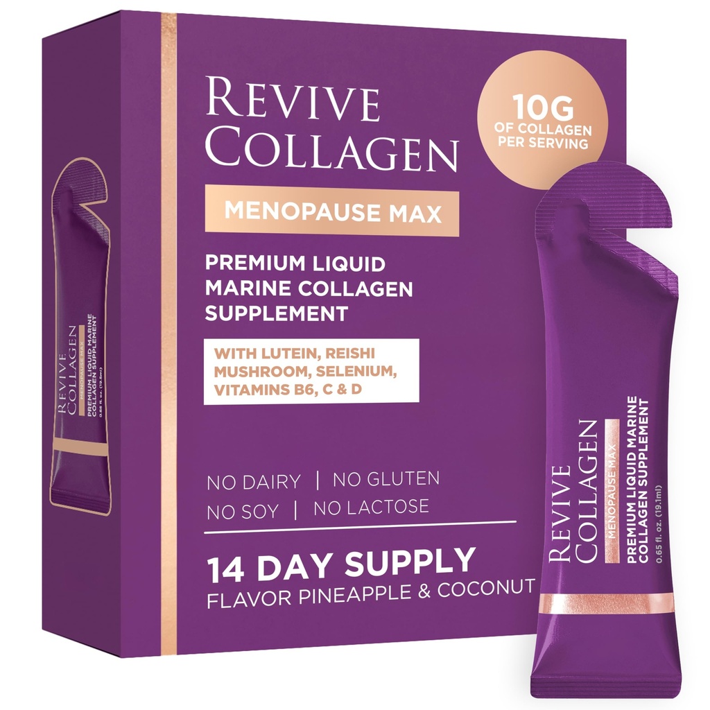 Revive Collagen Menopause Max — Hydrolyzed Marine Collagen Drink for Women, 10,000MG, Lutein, Reishi Mushroom, Vitamin B6, C & D, for Skin & Eye Wellness, Pineapple & Coconut Flavour — 14 Packets