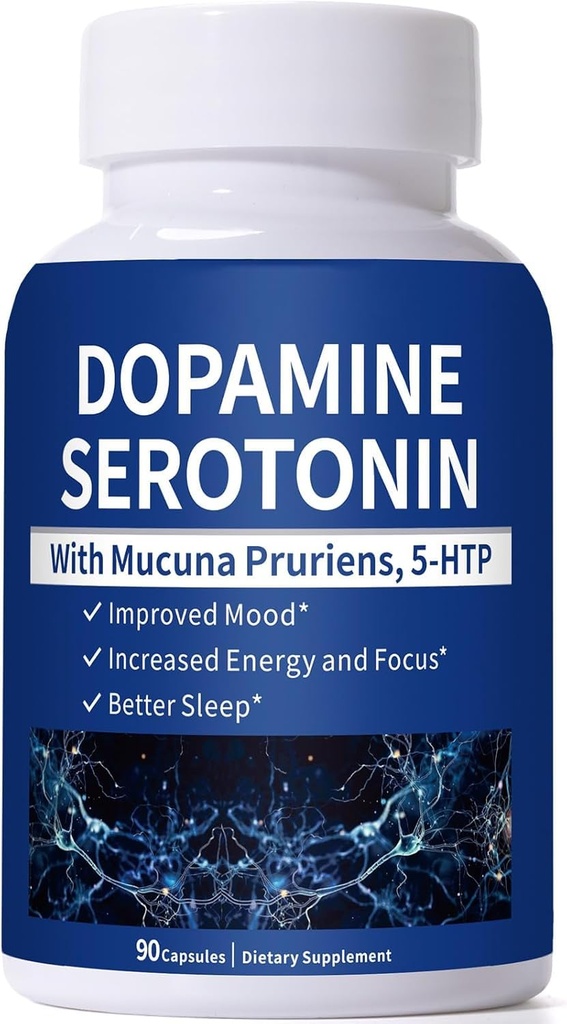 Serotonin and Dopamine Supplements, Dual Neurotransmitter Support with 5-HTP & Mucuna Pruriens for Mood Boost, Focus, Energy & Better Sleep, 90 Capsules