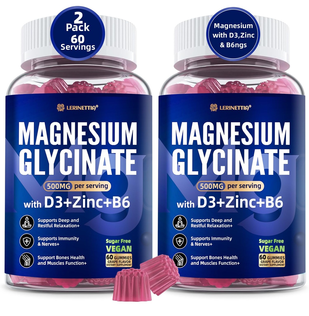 Magnesium Glycinate 500mg/250mg voor volwassenen Tieners - Plus D3,B6 & zink - Magnesium Glycinate Gummies,High Absorptie - Ondersteuning voor ontspanning,Brain,Bone & Immunity Health - Suikervrij - 120Cts