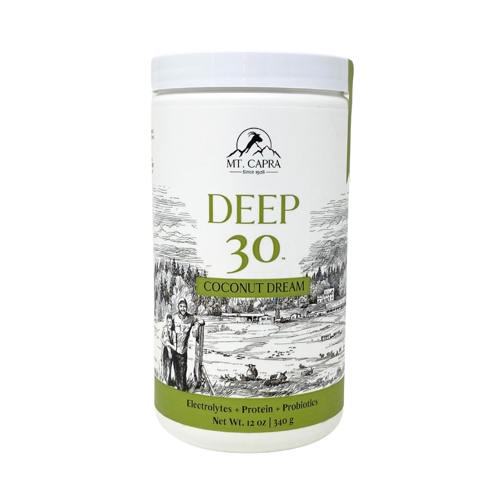 Mt. Capra Deep 30 | Meal Replacement Shake, Goat Protein Powder with Grass-Fed Whey Protein, Casein Protein, Minerals, and BC-30 Probiotics | Coconut Dream | 11 Servings - 12 Ounces