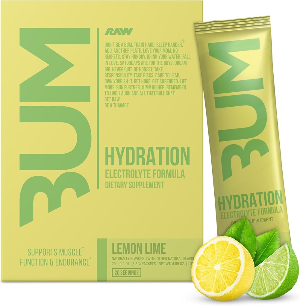RAW Electrolytes Poeder Hydration Drink Mix Packets, Bum Hydrate (Citroen Lime, 20 Servings) - Electrolyte Hydration Packets ondersteunt spierfunctie & endurance - Keto Free Electrolytes Powder Packets