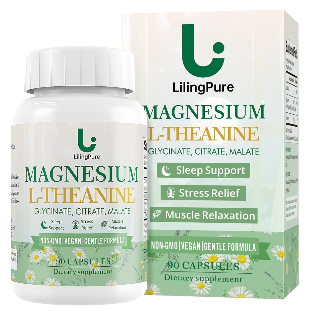 Triple Magnesium Complex with L-Theanine | 200mg Magnesium (from Glycinate, Malate, Citrate) + 100mg L-Theanine | Sleep & Stress Relief Supplement | 90 Capsules