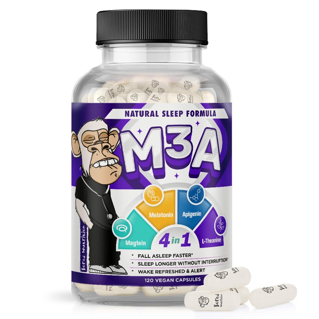 M3A Sleep Support - Magtein, Apigenin Melatonin with L-Theanine - 90 Capsules - 2 Pack - Premium 4-in-1 Non-Habit Forming Natural Sleep Aid - Restful Nights and Refreshing Mornings by Bored Nutrition