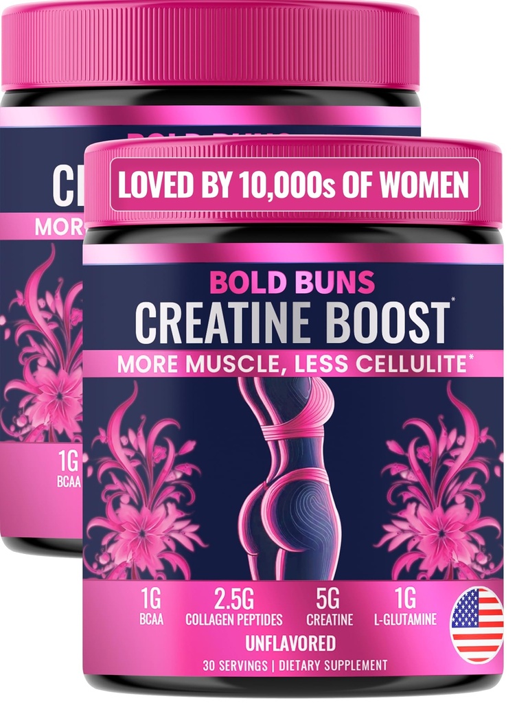 Bold Buns Creatine for Women – Supplement with Collagen & BCAA – Supports Muscle Development, Post-Workout Recovery, Skin Elasticity, Healthy Hair & Nail (2 Pack x 30 Servings, Unflavored)