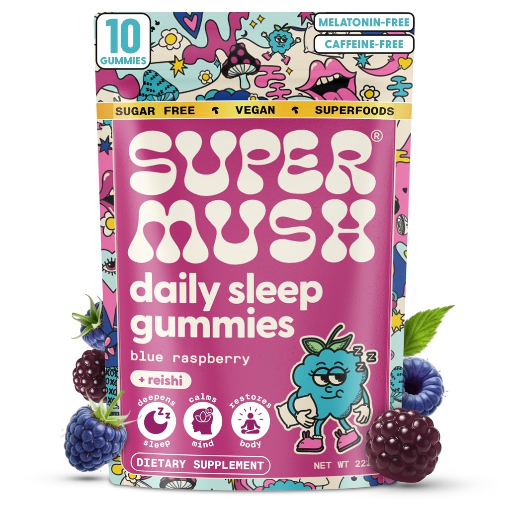 SuperMush Daily Sleep Gummies for Adults - Functional Mushroom Gummies with Magnesium, L-Theanine, Chaga, Reishi, Chamomile - Melatonin Free Sleep Aid for Deep Sleep - Vegan & Sugar-Free (10 Count)