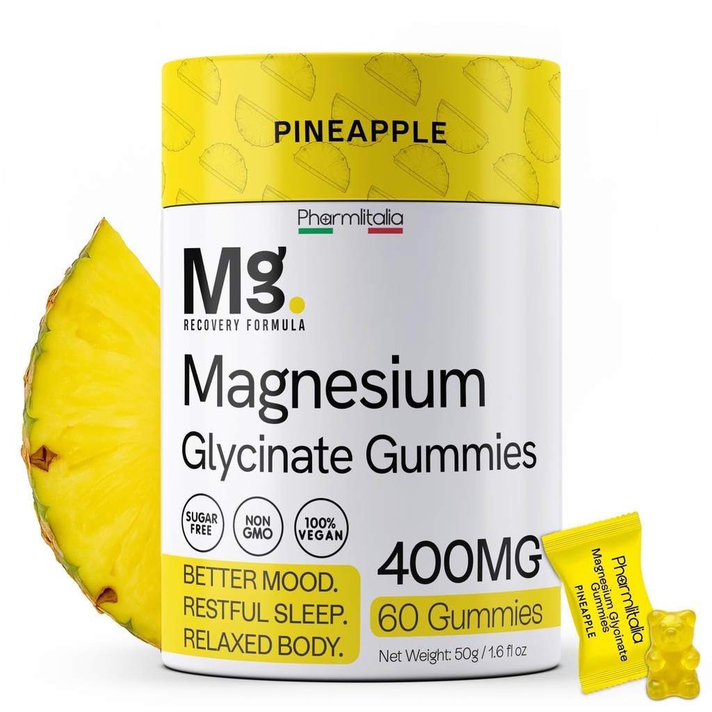Magnesium Glycinate Gummies 400mg - Sleep Gummies for Kids & Adults - Magnesium Glycinate Chewable High Absorption for Muscle Recovery, Better Sleep & Relaxation, 60 Count, Pineapple