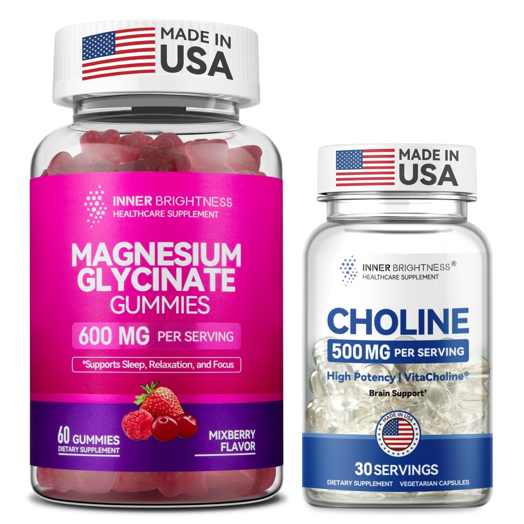 Magnesium Glycinate Gummies + Prenatal Choline Capsules Bundle – 500mg VitaCholine for Pregnancy & Brain Support + 600mg Magnesium for Sleep, Relaxation & Focus – Non-GMO, Gluten-Free – 60 Gummies + 3