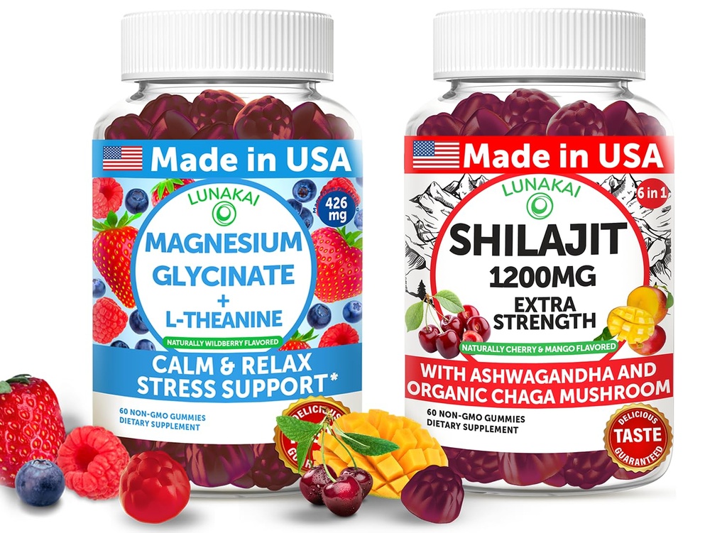 Lunakai USA Made Magnesium Glycinate & Shilajit Gummies Bundle – Stress, Relaxation, and Vitality Support