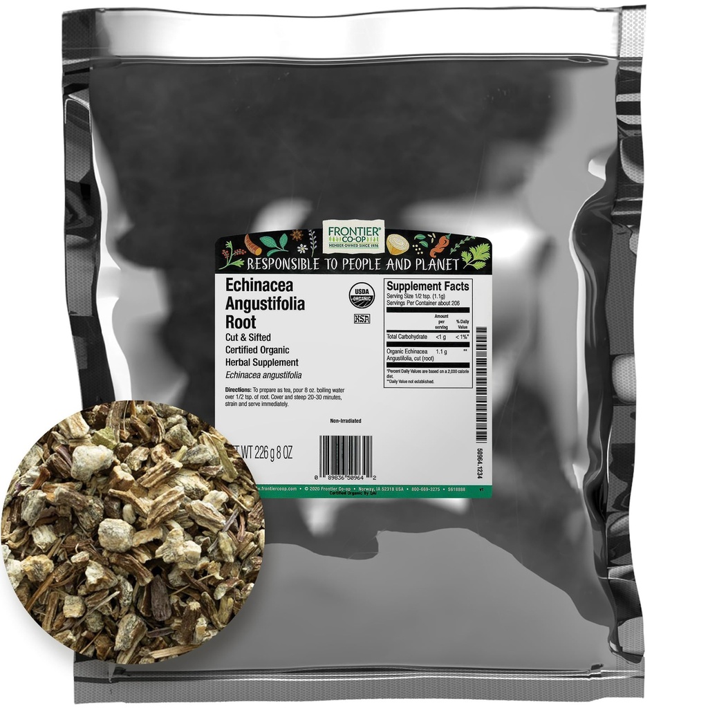 Frontier Co-op Gedroogde Echinacea Angustifolia Root, Cut and Sifted, 8oz, Certified Organic Echinacea Root - Ideaal voor thee en kruidenremedies, Kosher