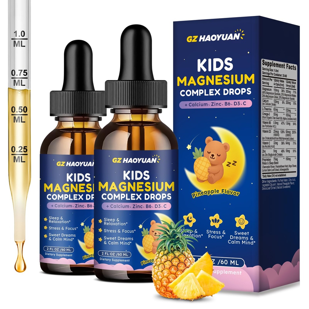 Magnesium Complex Liquid for Kids - Magnesium Glycinate, Malate, Taurate, Citrate with Calcium, Omega-3, L-theanine, Zinc,Vitamin B6 D3 C for Sleep, Relaxation, Calm & Focus, Pineapple Flavor, 4 Fl Oz