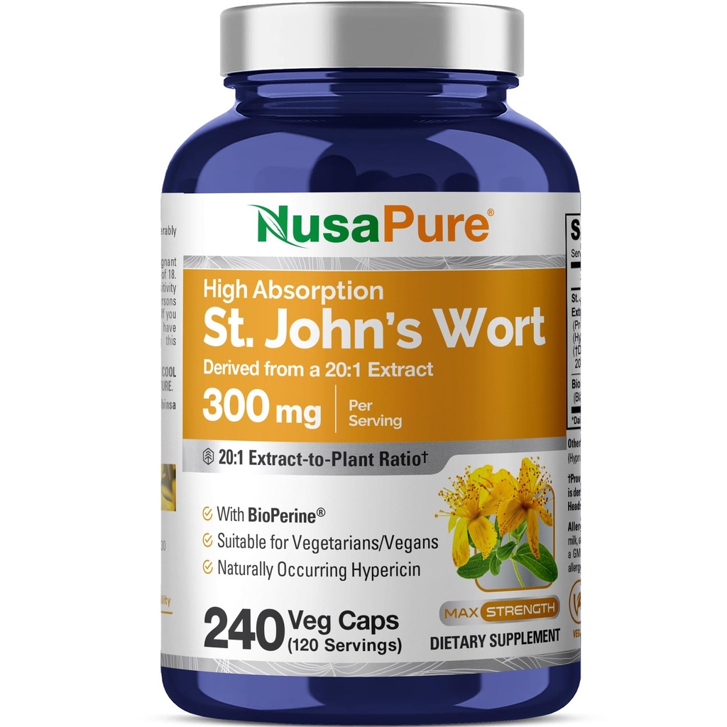 NusaPure St. John's Wort 20:1 Extract, 300 mg equivalent aan 6.000mg 240 Veggie Capsules (Vegetarische, niet-GMO) Bioperine