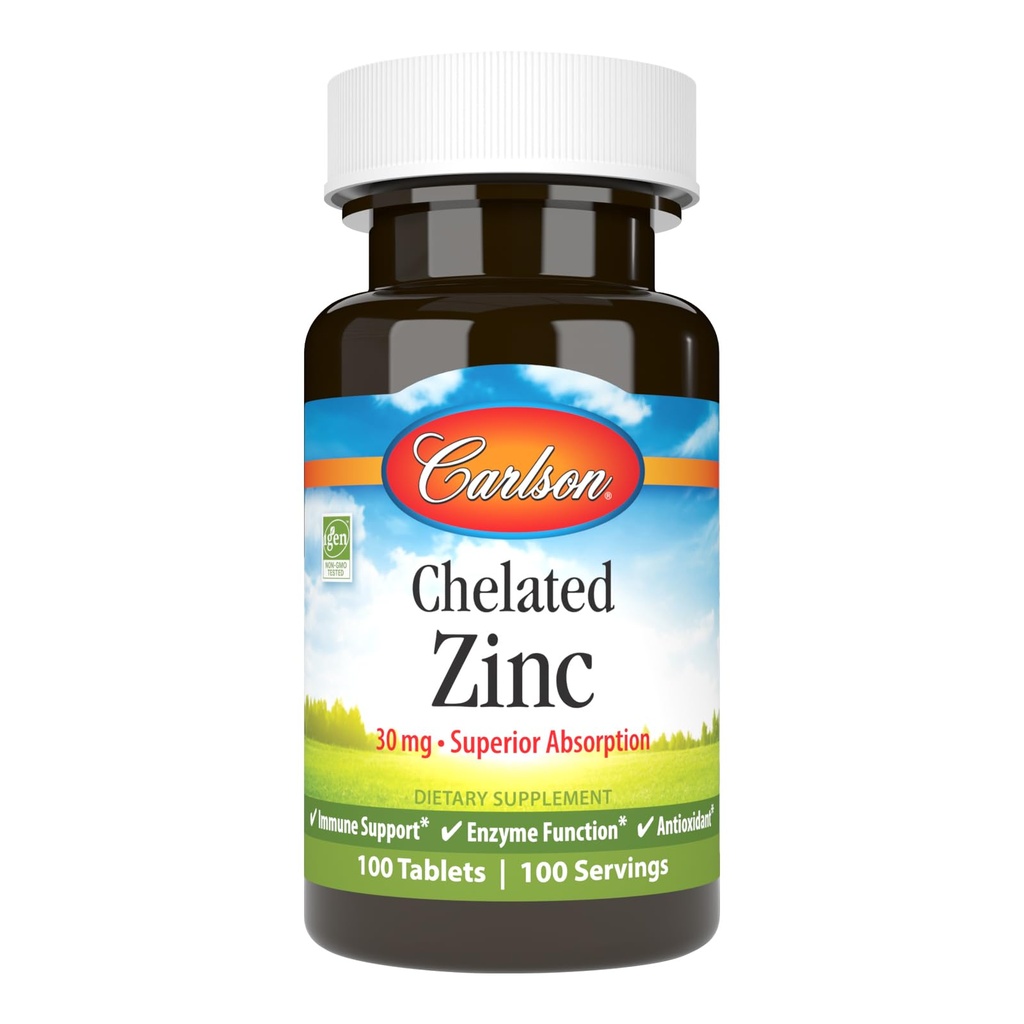 Carlson - gecheleerd zink, 30 mg - superieure absorptie, immuunondersteuning en enzymfunctie, antioxidant, 100 tabletten