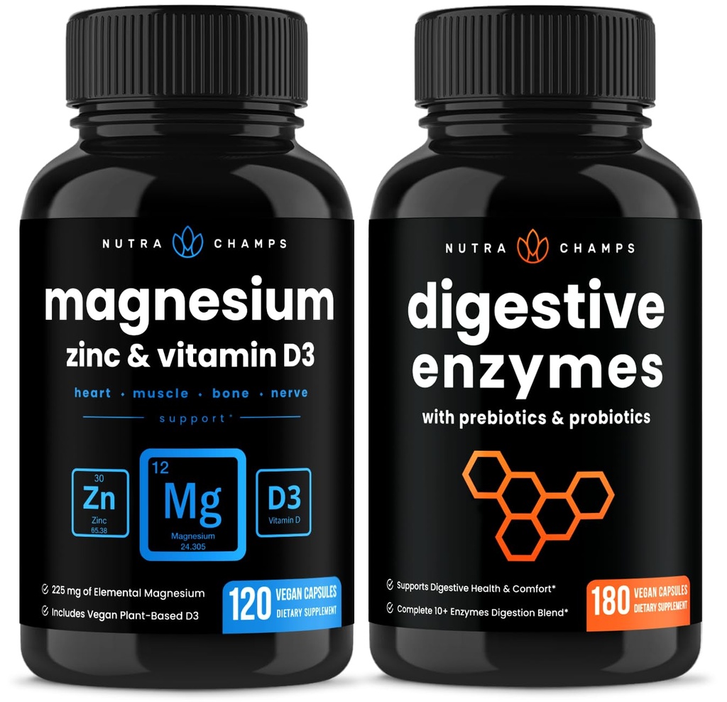 NutraChamps Magnesium Zinc & Vitamin D3 Capsules and Digestive Enzymes Capsules 2 Pack Bundle