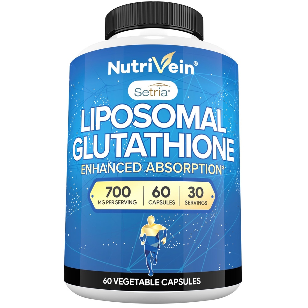 Nutrivein Premium Liposomal Glutathione Supplement 700 mg - 60 Caps - Pure Reduced Glutathione Setria - Master Antioxidant - Cell Protection, Cleansing, Liver, Brain, Vitality, and Defenses
