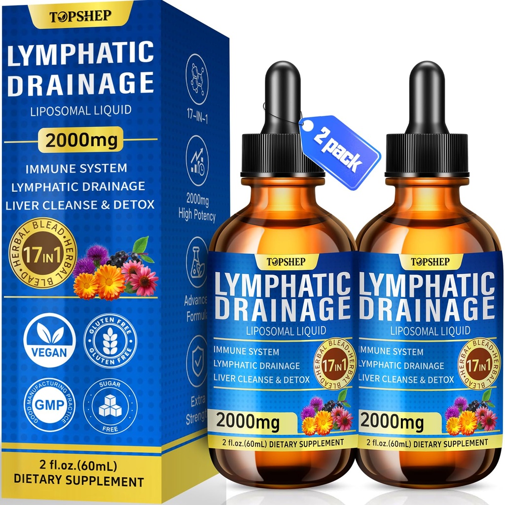 Liposomal Lymphatic Drainage Drops 2000mg - 17-in-1 Lymphatic Support & Liver Cleanse Detox with Milk Thistle, Dandelion, Elderberry, Echinacea & Full Vitamin Complex - Lymph System Support, 2 fl oz