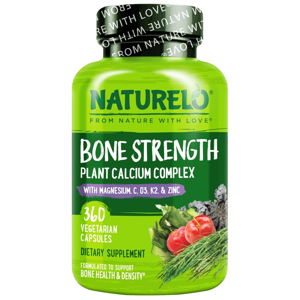 NATURELO Calcium Supplement - with Vitamin C, Vitamin D3, K2, and Calcium Magnesium Zinc for Bone Strength with Calcium 600mg - Plant-Based, 360 Vegetarian Capsules, Non-GMO, Soy & Gluten-Free