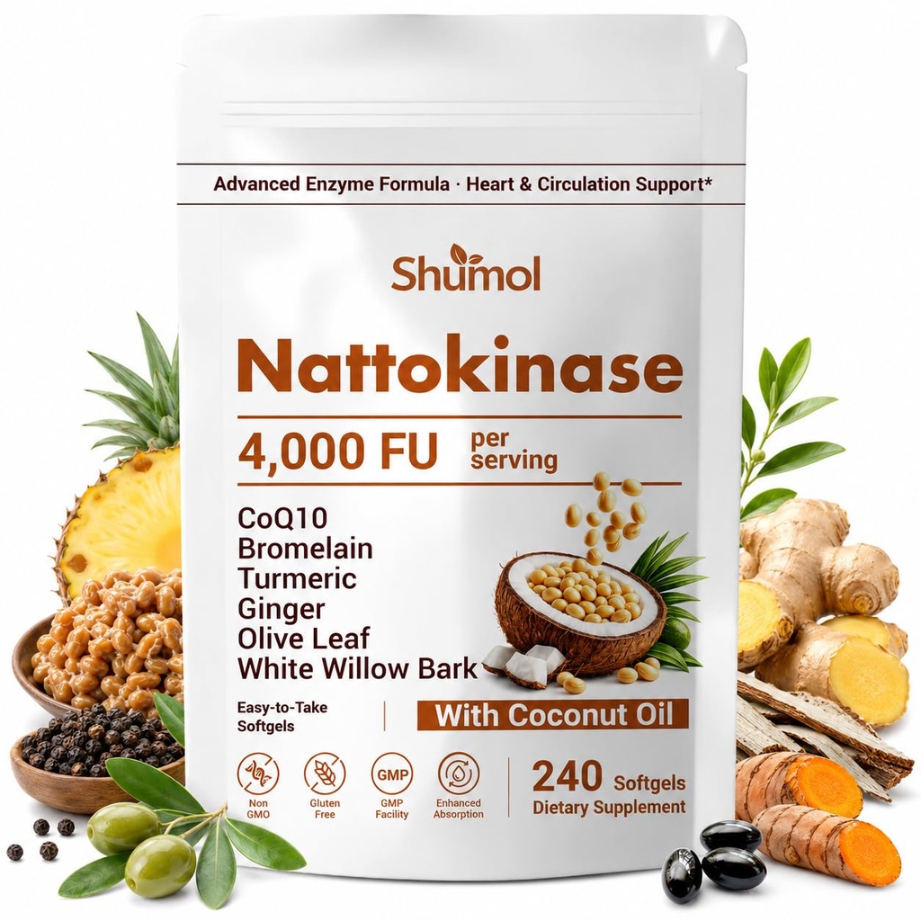 Nattokinase Supplement 4,000 FU, 10-in-1 Nattokinase Softgels with CoQ10, Bromelain,Turmeric, Ginger, Olive Leaf & White Willow Bark | Enteric Coated with MCT Oil | Non-GMO, Gluten Free, 240 Softgels