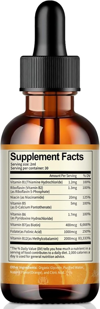 Liposomale vitamine B-complexdruppels met vitamine B1 Thiamine, B2 Riboflavine, B3 Niacin, B5 Pantotheenzuur, B6 Pyridoxine, B7 Botin, B9 Folaat, Methyl B12 voor energie, Metabolisme, huid, Mood-2 FL.OZ