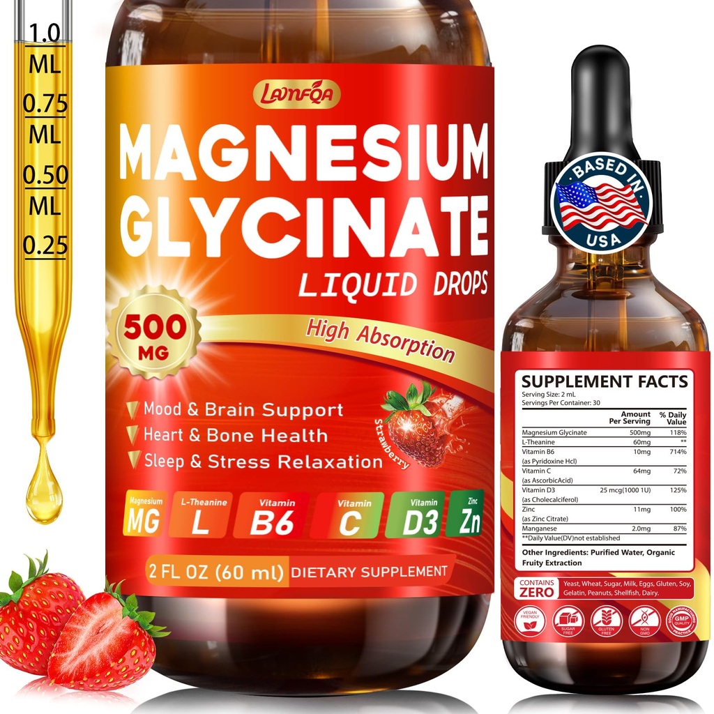 Magnesium Glycinate Liquid Drops 500mg – High Absorption with Vitamin B6, D3, C, Zinc – Supports Mood, Sleep, Heart & Bone Health – Vegan, Non-GMO, Gluten Free – 2 FL OZ, Strawberry Flavor