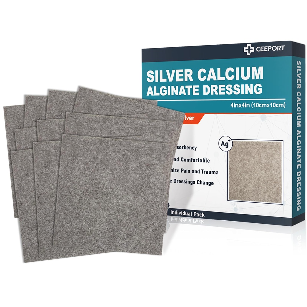 Ag Silver Calcium Alginate Wound Dressing Pads, 4'x4' Patches, 10 individuele verpakking, zachte zilveren dressings voor Wound Care, zacht zeer absorberende kleding, Non Stick Gauze Pads voor Wonden