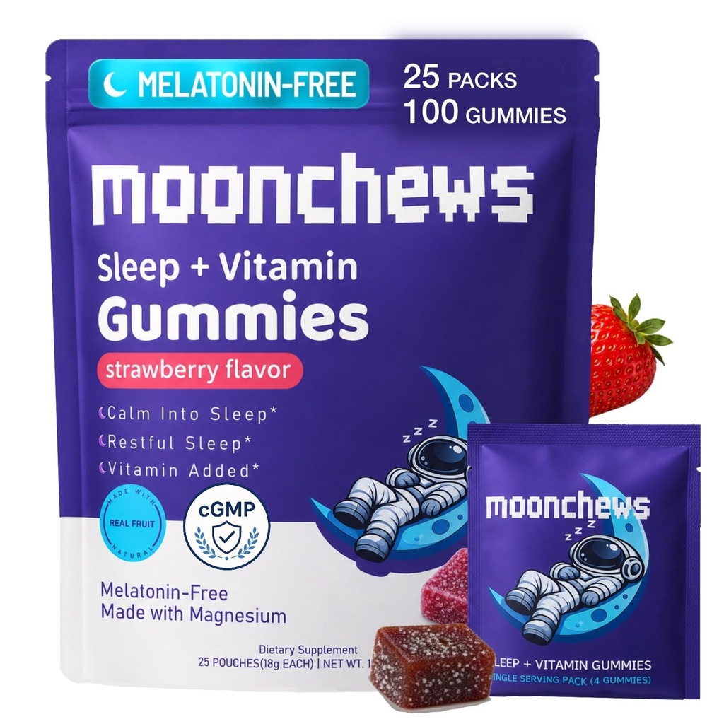 MoonChew Natural Sleep Gummies - Melatonin-Free Sleep Support Gummy for Adults with Magnesium, 8 Essential Vitamins, L-Theanine, Gluten-Free, Vegan, Strawberry Flavor (100 Gummies, 25 mini Packs)