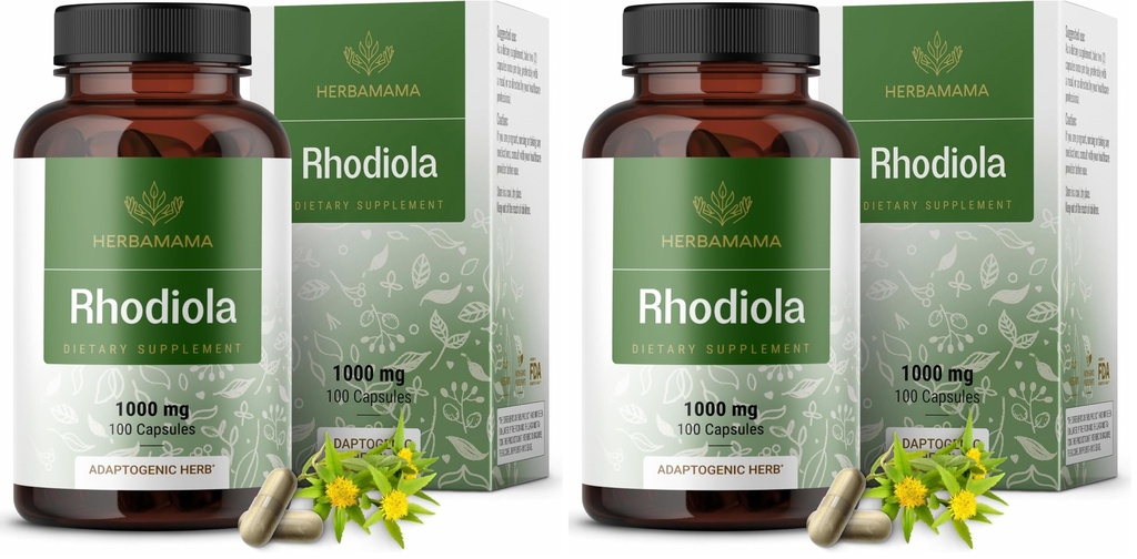 HERBAMAMA Rhodiola Rosea Supplement Capsules - 1000mg Rhodiola Rosea Extract for Relaxation, Focus & Brain Support - Vegan, Non-GMO Calming Supplement for Adults, 100 Caps (Pack of 2)