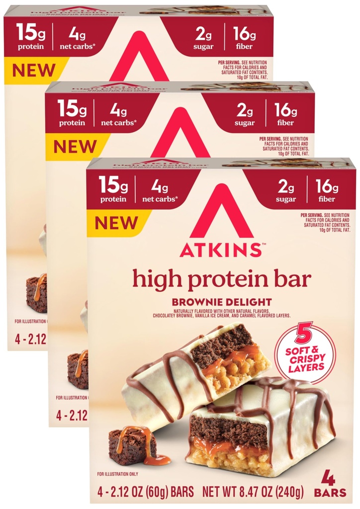 New Atkins High Protein Bars, Brownie Delight Flavor, 15g of Protein, 4g Net Carbs, 4 Count* (Pack of 3)