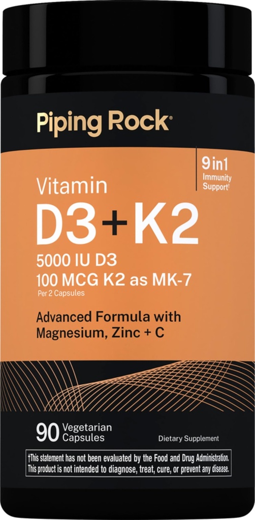 Piping Rock Vitamin D3 K2 | 5000 IU D3 | 90 Capsules | Advanced Formula with 100 mcg MK7, Magnesium, and Zinc | Vegetarian, Non-GMO, Gluten Free Supplement
