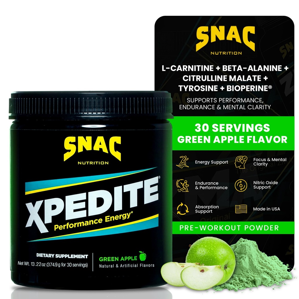 SNAC XPEDITE Pre-Workout Powder for Men & Women - Green Apple, 30 Servings