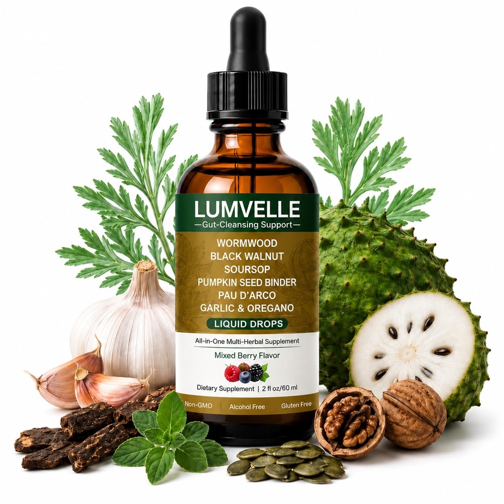 Lumvelle Wild Harvested Wormwood Drops, Herbal Liquid Supplement with Black Walnut Hull, Pumpkin Seed, Oregano Oil, Garlic & Soursop Leaf, Berry Flavor, Digestive Balance Support, 60 Servings
