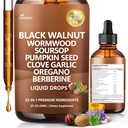 25-in-1 Black Walnut Wormwood Tincture for Liposomal, Cleanse for Humans Drops Liquid with Soursop, Garlic, Pumpkin Seed, Berberine, Oregano, Turmeric, Echinacea, Cinnamon, Fennel Seed Extract