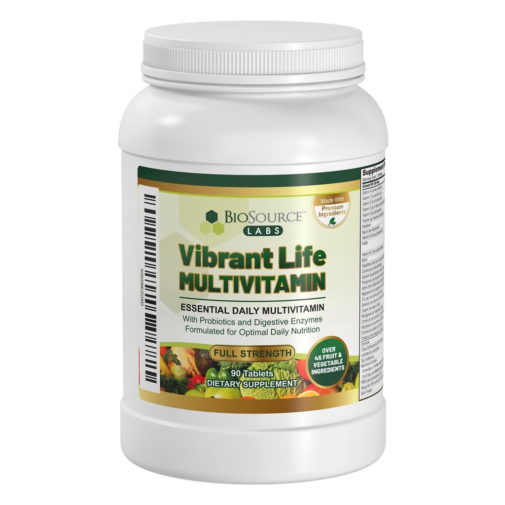 BioSource Labs Vibrant Life Multivitamin with Probiotics, Digestive Enzymes & B-Complex – Over 45 Fruits and Veggies, Non-GMO, Gluten-Free, Daily Vitamins & Minerals for Men & Women (30-Day Supply)