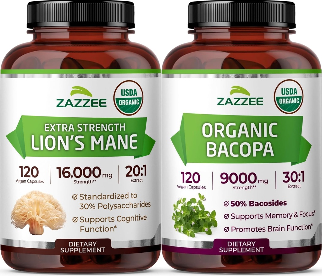Zazzee USDA Organic Cognitive Support Bundle | 30:1 Bacopa Monnieri Extract Plus Lions Mane Extract Capsules | Non-GMO Vegan & ISO Lab Tested (120 Servings Each)