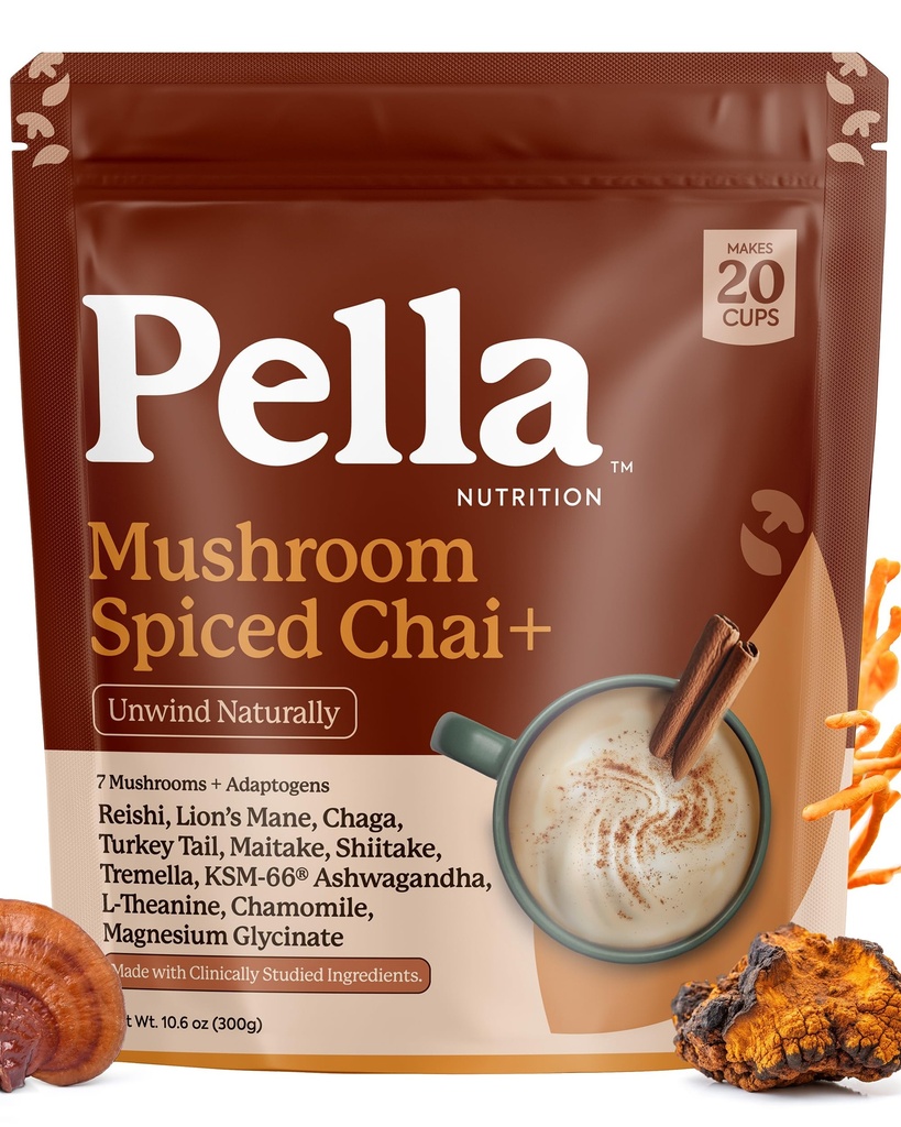 Mushroom Spiced Chai – 7 Mushrooms and Adaptogen Blend with Lions Mane Ashwagandha KSM 66 Magnesium Glycinate – Instant Chai Latte Mix for Evening Calm and Relaxation – Vegan Melatonin Free (20 Cups)