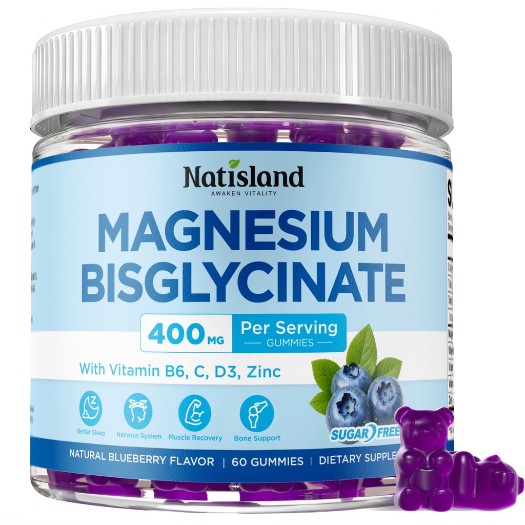 Magnesium Bisglycinate Gummies, 400mg Magnesium Bisglycinate Supplement, with Vitamin B6, C, D3, Zinc for Sleep & Relaxation, Muscle Support, Sugar-Free, Vegan, Blueberry Flavor, 60 Count