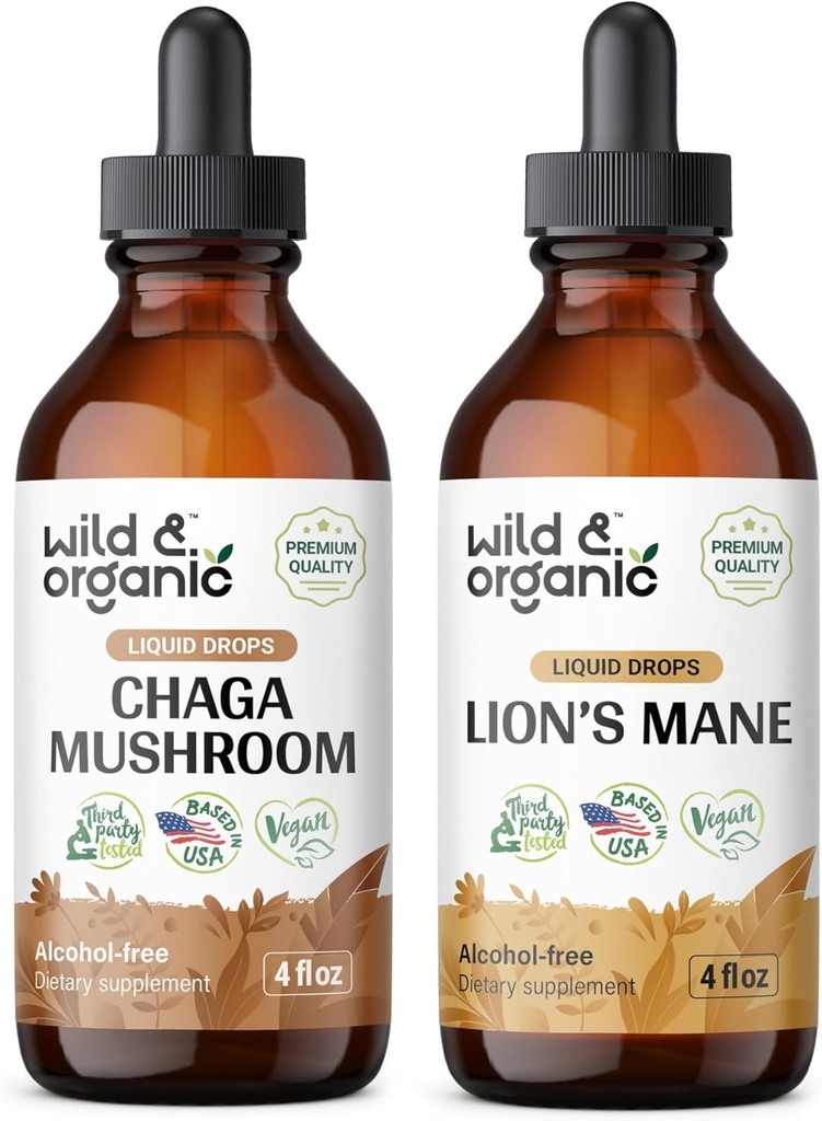 Wild & Organic Chaga Mushroom Tinctuur 4 fl oz & Lion's Mane Mushroom Tinctuur 4 fl oz