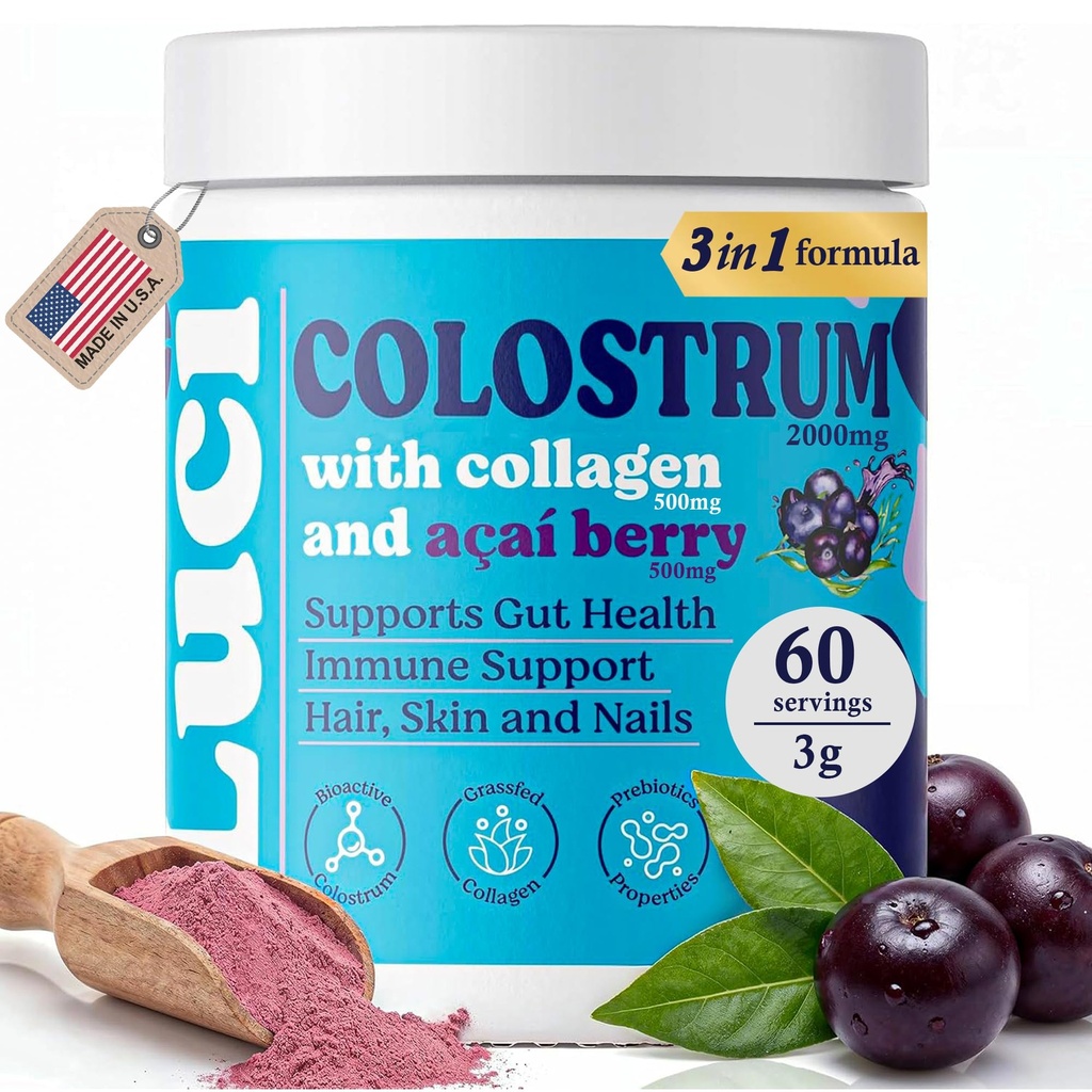 Luci Colostrum Powder 60 Servings 3 in 1 with Collagen Peptides and Acai, Bovine Colostrum for Gut Health, Bloating, Collagen Protein for Muscle, Skin, Hair, Nails and Immunity, Gluten & Fat Free 180g