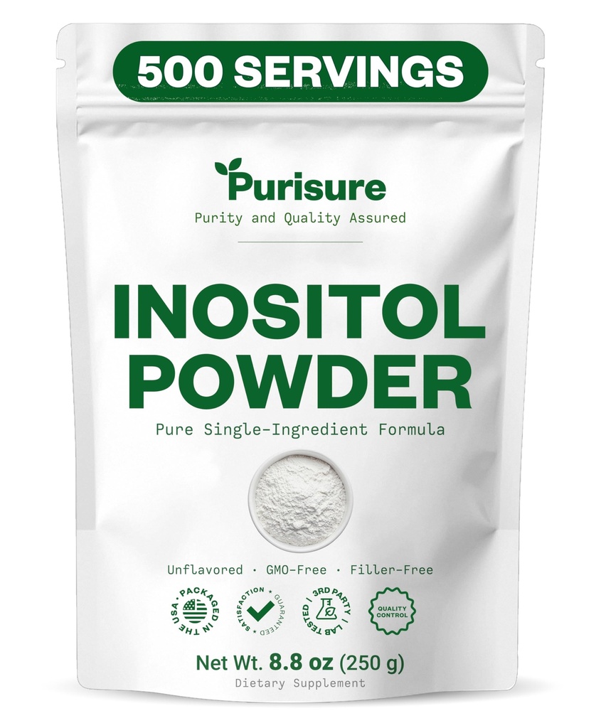 Purisure Myo-Inositol Poeder, 250g, Vruchtbaarheid, Hormonale Balance en Ovariaanse Ondersteuning, Pure Inositol Poeder, Myo Inositol Supplement ter ondersteuning van energie en hersenen Wellness, Veganist, Non-GMO, 500 Servers